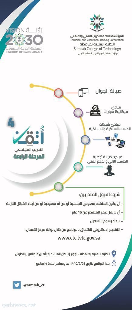 "الكلية التقنية بصامطة" تعلن عن بدء التسجيل في برنامج التدريب المجتمعي"أتقن" المرحلة الرابعة