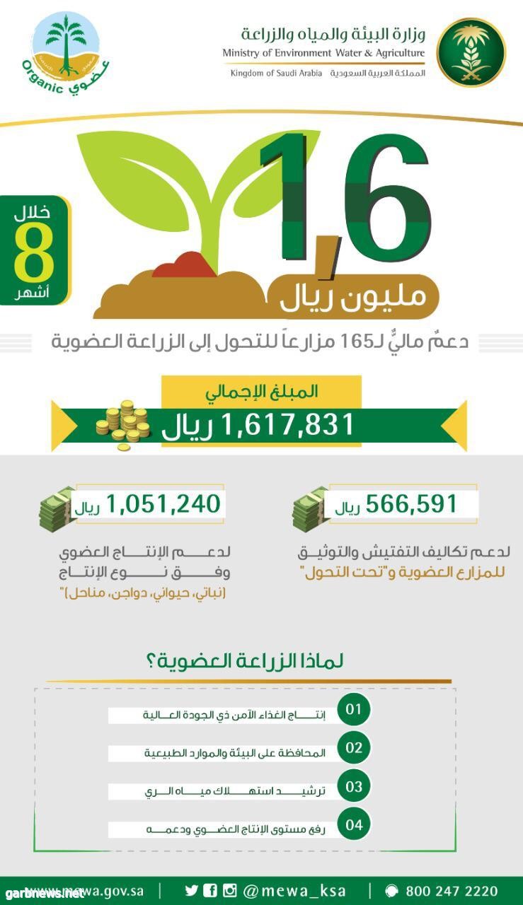 "البيئة": أكثر من 1,6 مليون ريال باكورة دعم المزارعين للتحول إلى الزراعة العضوية