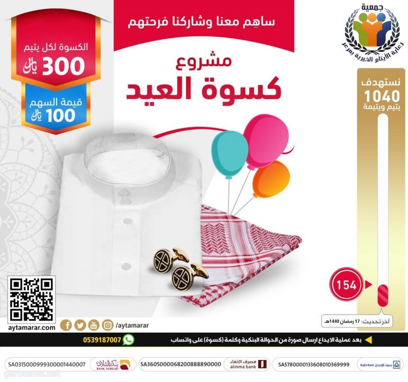 جمعية" رعاية الأيتام " بعرعر تواصل حملة كسوة العيد لـ" 1040 يتيماً