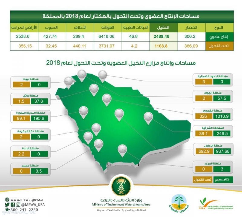 "البيئة": 18,6 ألف هكتار مساحة إنتاج المملكة من الزراعة العضوية في 2018