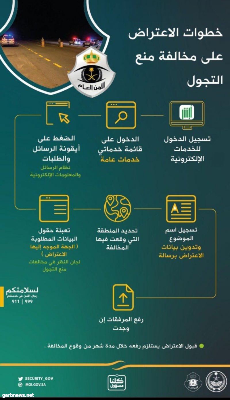 ‏الأمن العام يستقبل طلبات الاعتراض على مخالفات منع التجول عبر منصة '' أبشر ''.