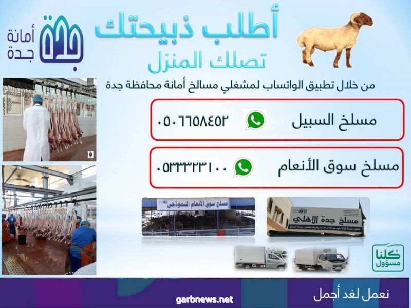 أمانة جدة تعلن عن خدمة توصيل الذبائح من خلال تطبيق "الواتس آب"