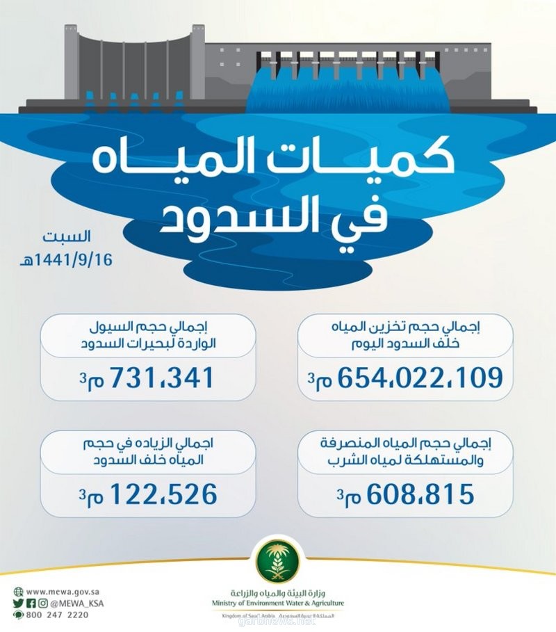 "البيئة": أكثر من 654.02 مليون م³ كميات المياه خلف السدود