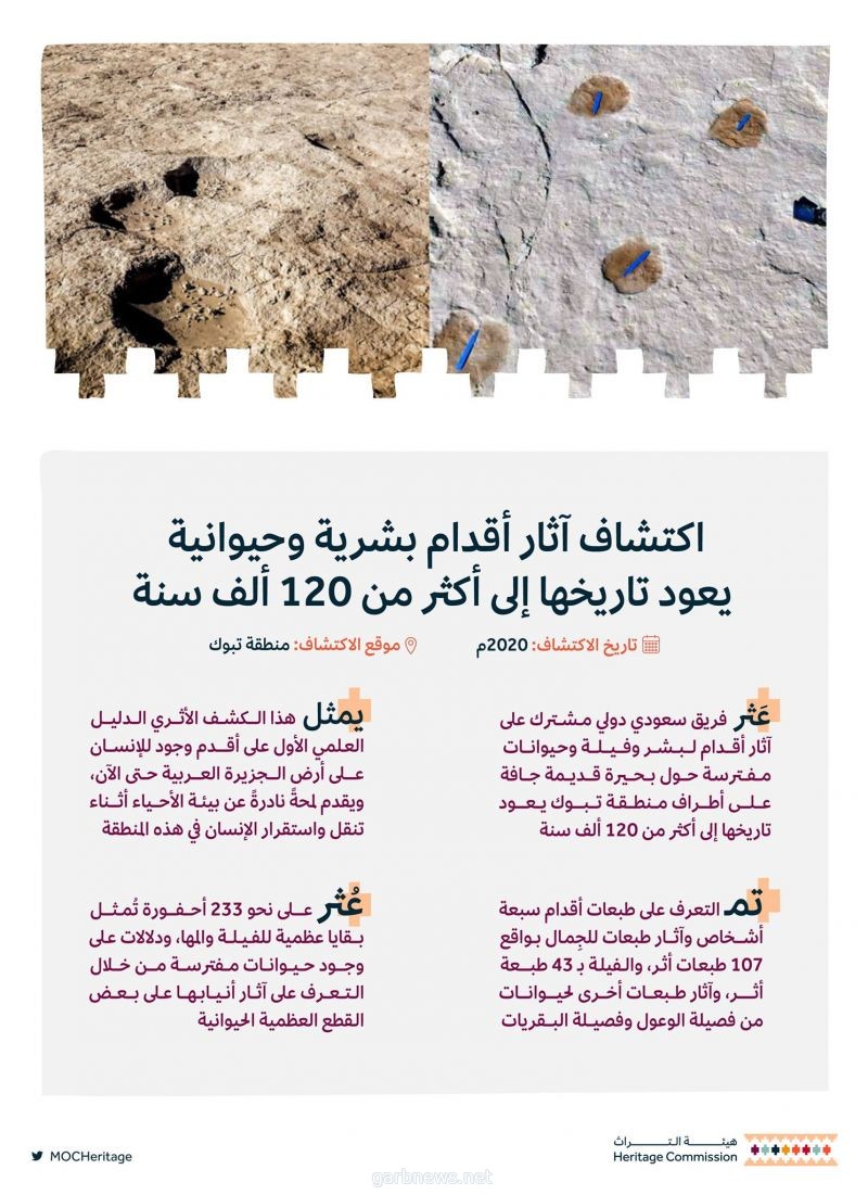 اكتشاف آثار أقدام بشرية وحيوانات يعود تاريخها إلى أكثر من ١٢٠ألف سنة بالسعودية