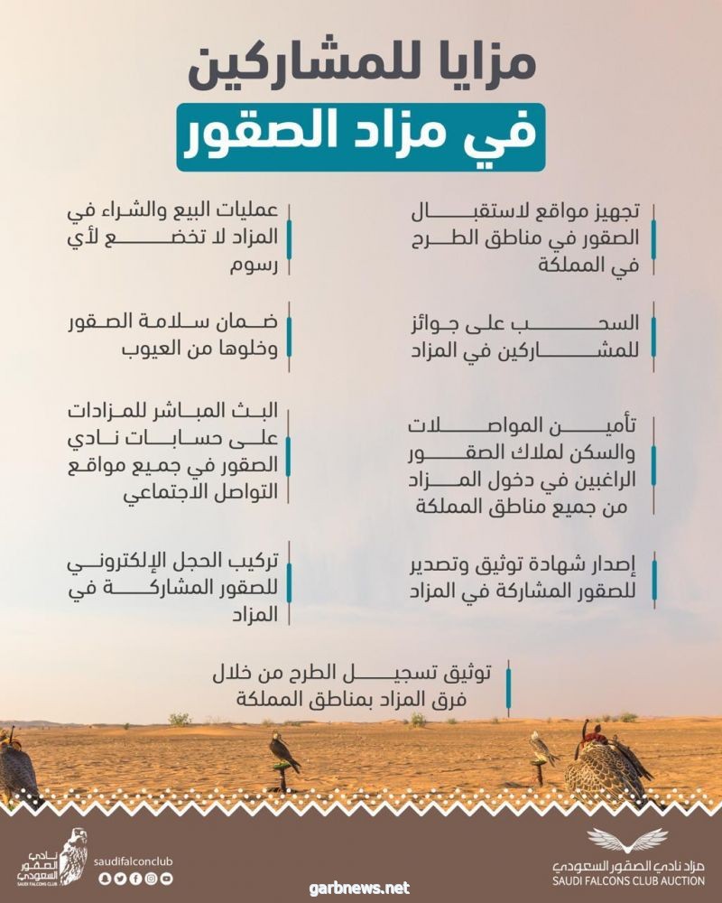 نادي الصقور يقدم مزايا وجوائز للمشاركين في مزاده الأول