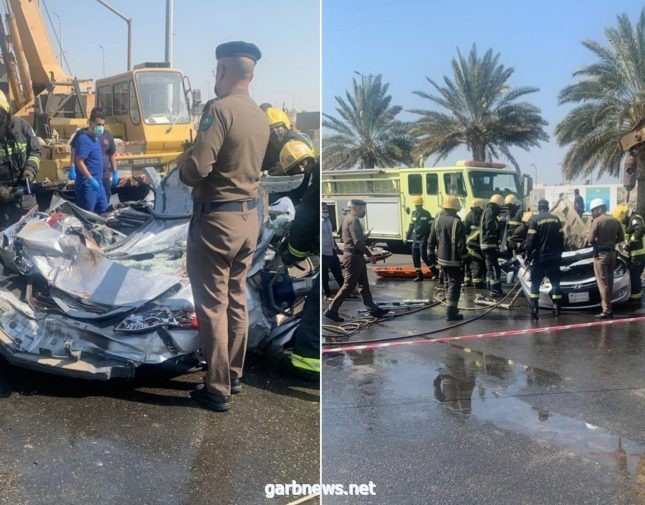 انقلاب صهريج ماء على 3 مركبات يصرع 2 ويصيب 5 آخرين في حادث مروع بجدة -صورة