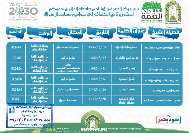  الشؤون الإسلاميّة تُنظّم كلماتٍ دعويّةً بمساجد الدائر وجوامعها