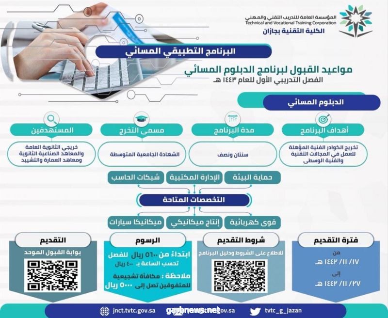 تقنية جازان تعلن مواعيد القبول لبرنامج الدبلوم التطبيقي المسائي