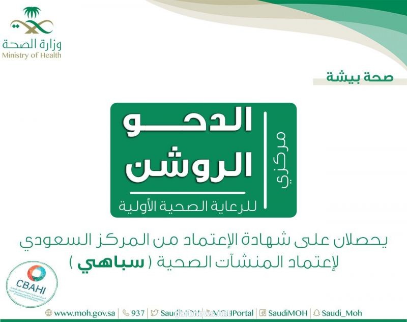 صحة بيشة :مركزي "الدحو و الروشن" للرعاية الصحية الأولية، يحصلان على شهادة الإعتماد من المركز السعودي لإعتماد المنشآت الصحية (سباهي)