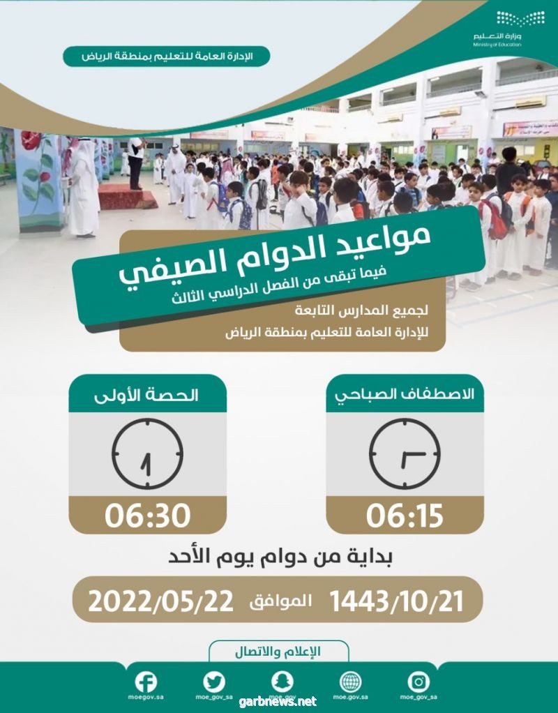 الدوام في مدارس تعليم منطقة الرياض 6:15 صباحًا