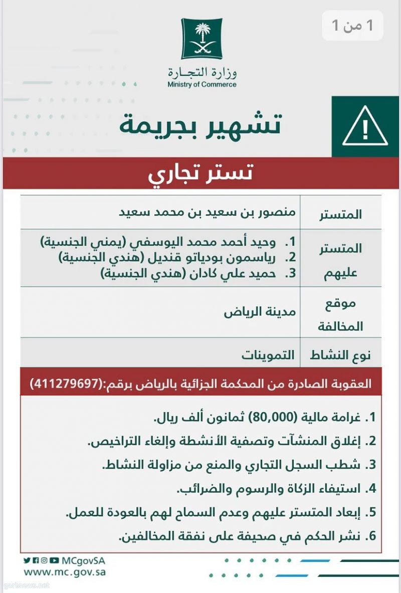 ‏"وزارة التجارة"  تُشهِّر بسعودي ويمني  وهنديان  لارتكابهم جريمة التستر في نشاط التموينات