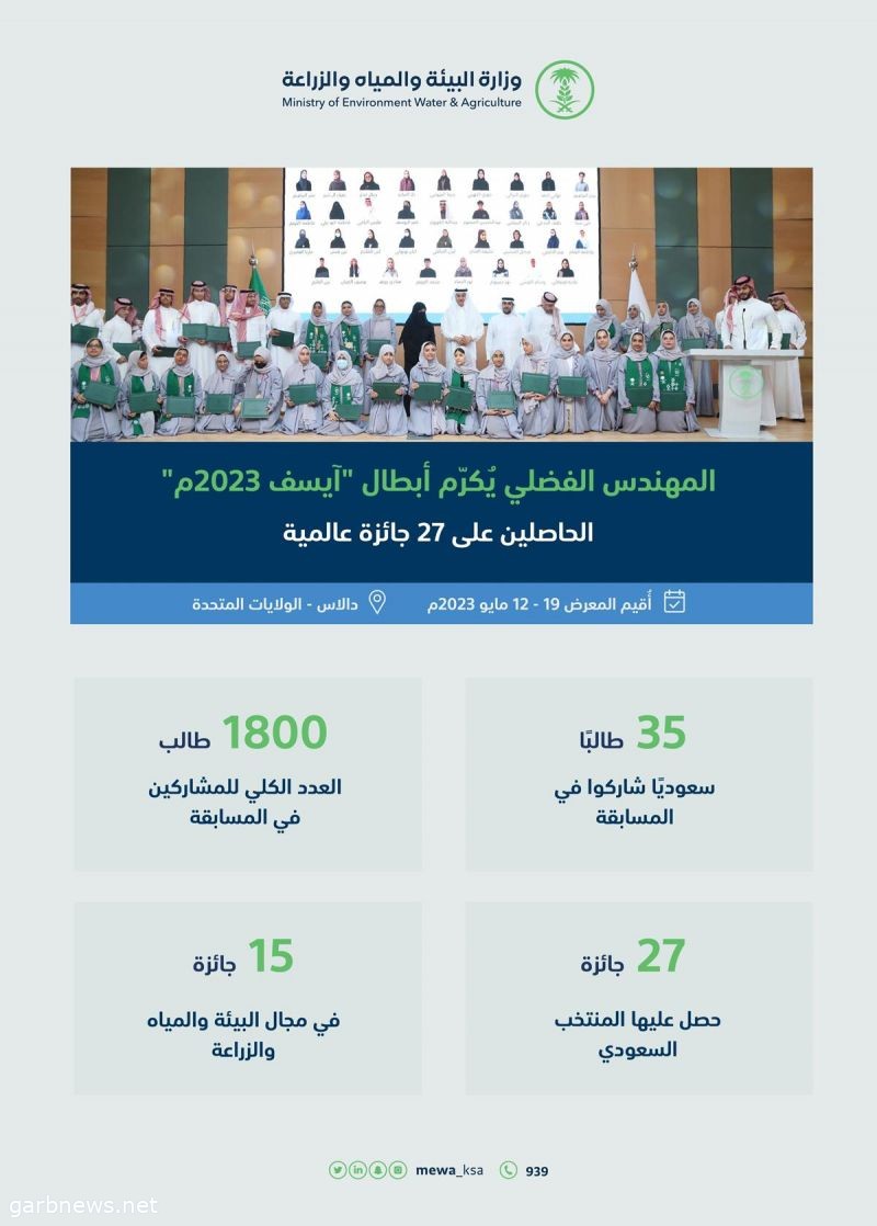 وزير البيئة والمياه والزراعة يُكرّم أبطال "آيسف 2023م" الحاصلين على (27) جائزة عالمية