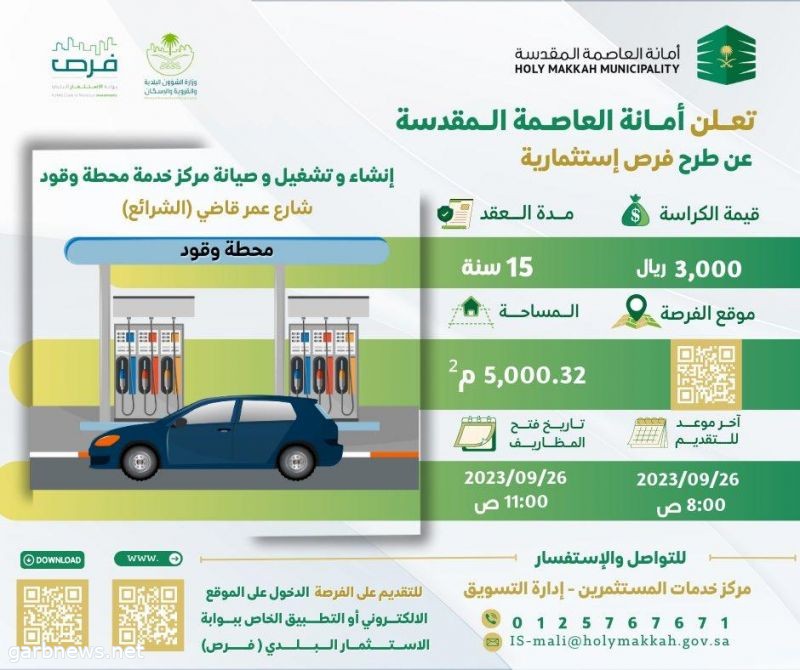 "أمانة العاصمة المقدسة" تطرح فرصةً استثماريةً لإنشاء وتشغيل وصيانة مركز خدمة وقود بمكة المكرمة