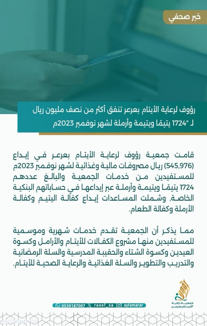 رؤوف لرعاية الايتام بعرعر تنفق أكثر من نصف مليون ريال لـ"1724 يتيم ويتيمة وأرملة لشهر نوفمبر 2023م