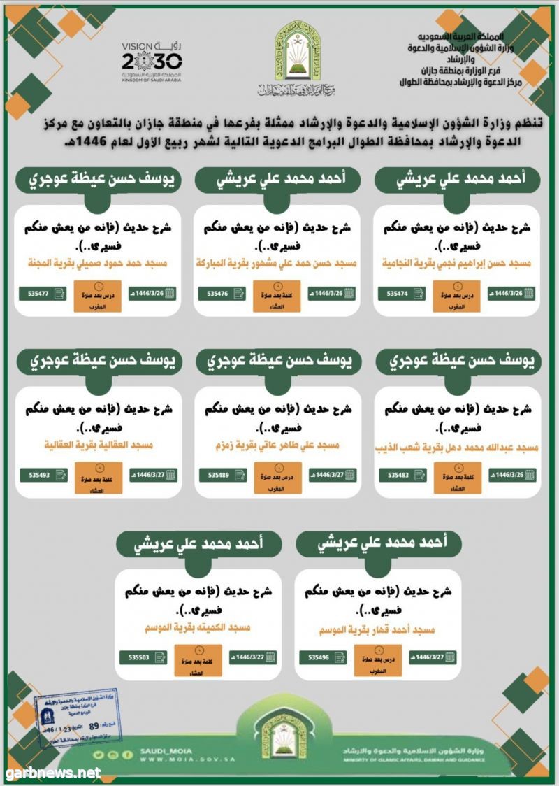 الشؤون الإسلامية بجازان تُنفذ عدة مناشط دعوية بمحافظة الطوال