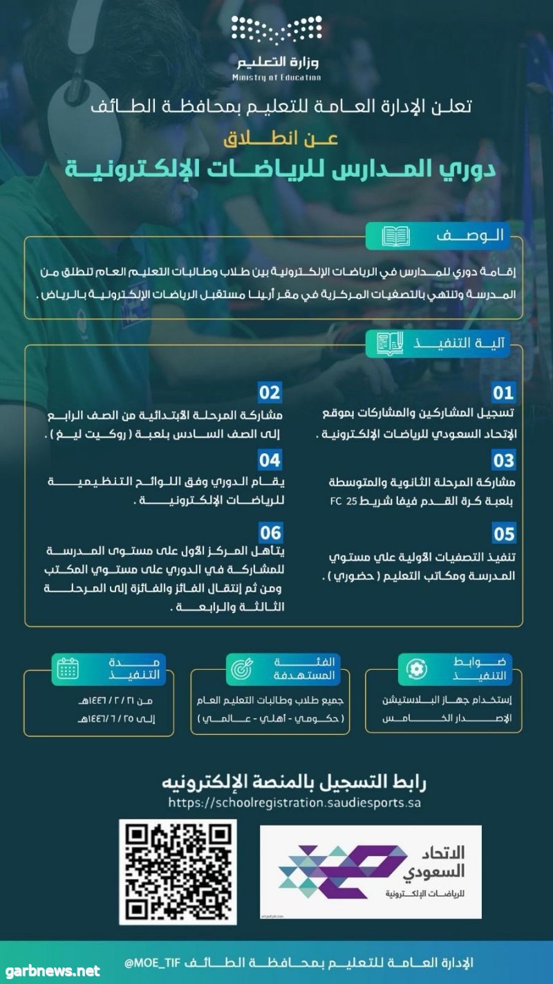 تعليم الطائف ‬⁩يعلن انطلاق دوري المدارس للرياضات الإلكترونية للطلاب والطالبات في جميع المراحل الدراسية