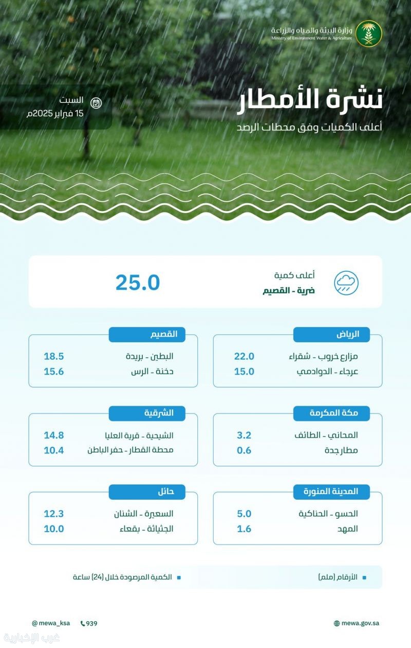 "البيئة" ترصد هطول أمطار في (8) مناطق عبر (95) محطة.. والقصيم تسجّل الأعلى بـ (25.0) ملم في ضرية