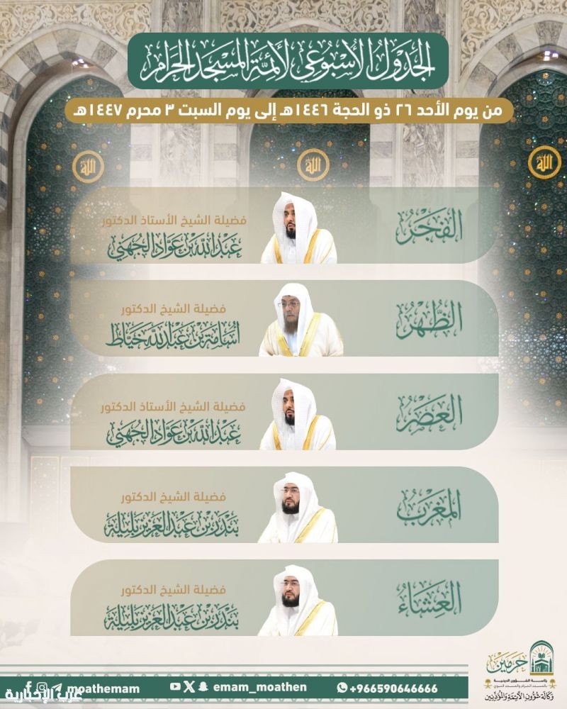 الشؤون الدينية توضح جدول الأئمة في الحرمين الشريفين للفترة من 26 ذي الحجة إلى 3 محرم 1447هـ الشؤون الدينية توضح جدول الأئمة في الحرمين الشريفين للفترة من 26 ذي الحجة إلى 3 محرم 1447هـ