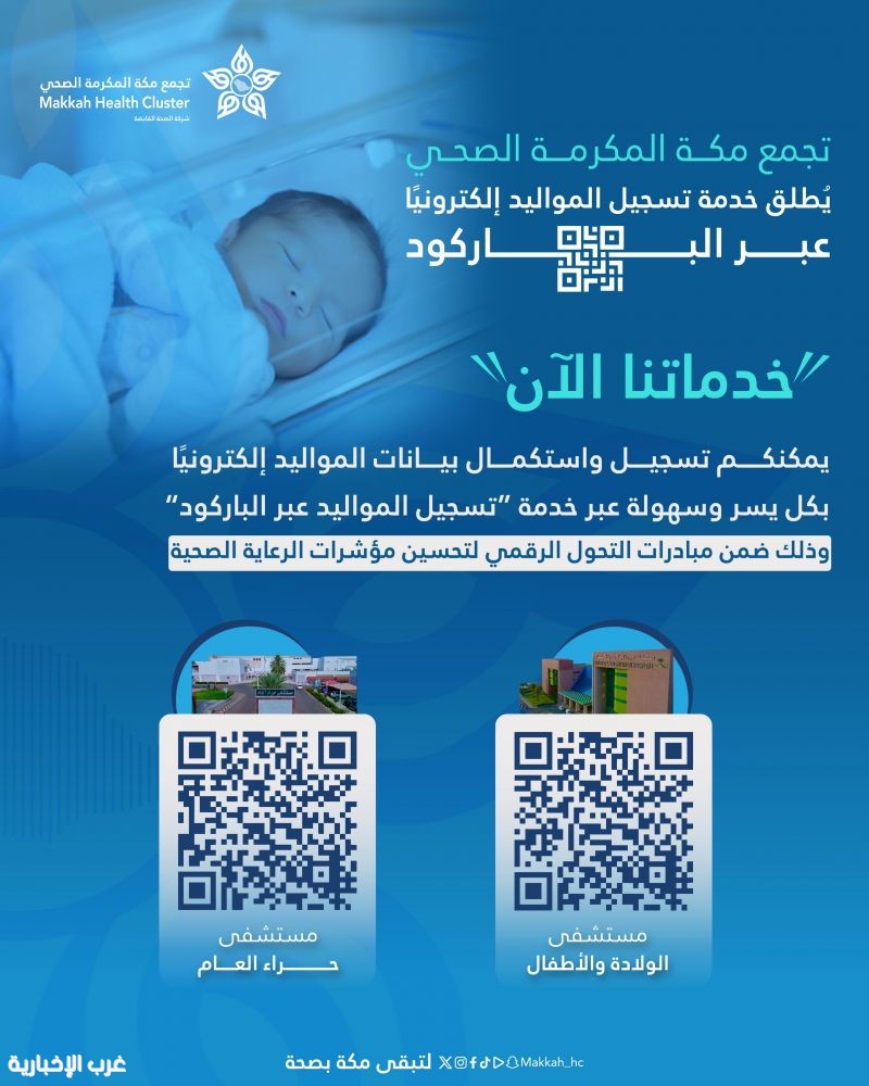 تجمع مكة الصحي يطلق خدمة تسجيل المواليد إلكترونيًا عبر الباركود تجمع مكة الصحي يطلق خدمة تسجيل المواليد إلكترونيًا عبر الباركود