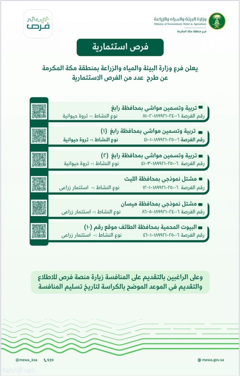 “بيئة منطقة مكة المكرمة” تطرح فرصًا استثمارية واعدة في القطاعين الزراعي والحيواني بعدد من المحافظات