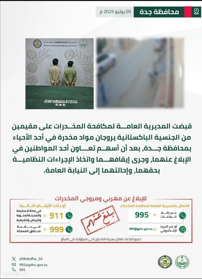 “مكافحة المخدرات” تطيح بمقيمَين في جدة يروّجان مواد مخدرة “مكافحة المخدرات” تطيح بمقيمَين في جدة يروّجان مواد مخدرة