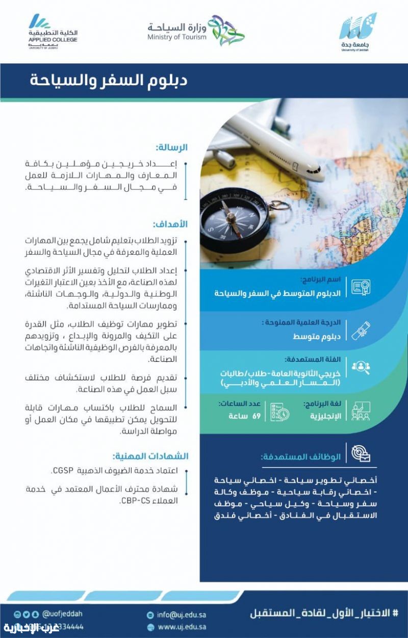 جامعة جدة تطلق دبلوم «السفر والسياحة» بالشراكة مع وزارة السياحة لتأهيل كوادر وطنية واعدة جامعة جدة تطلق دبلوم «السفر والسياحة» بالشراكة مع وزارة السياحة لتأهيل كوادر وطنية واعدة