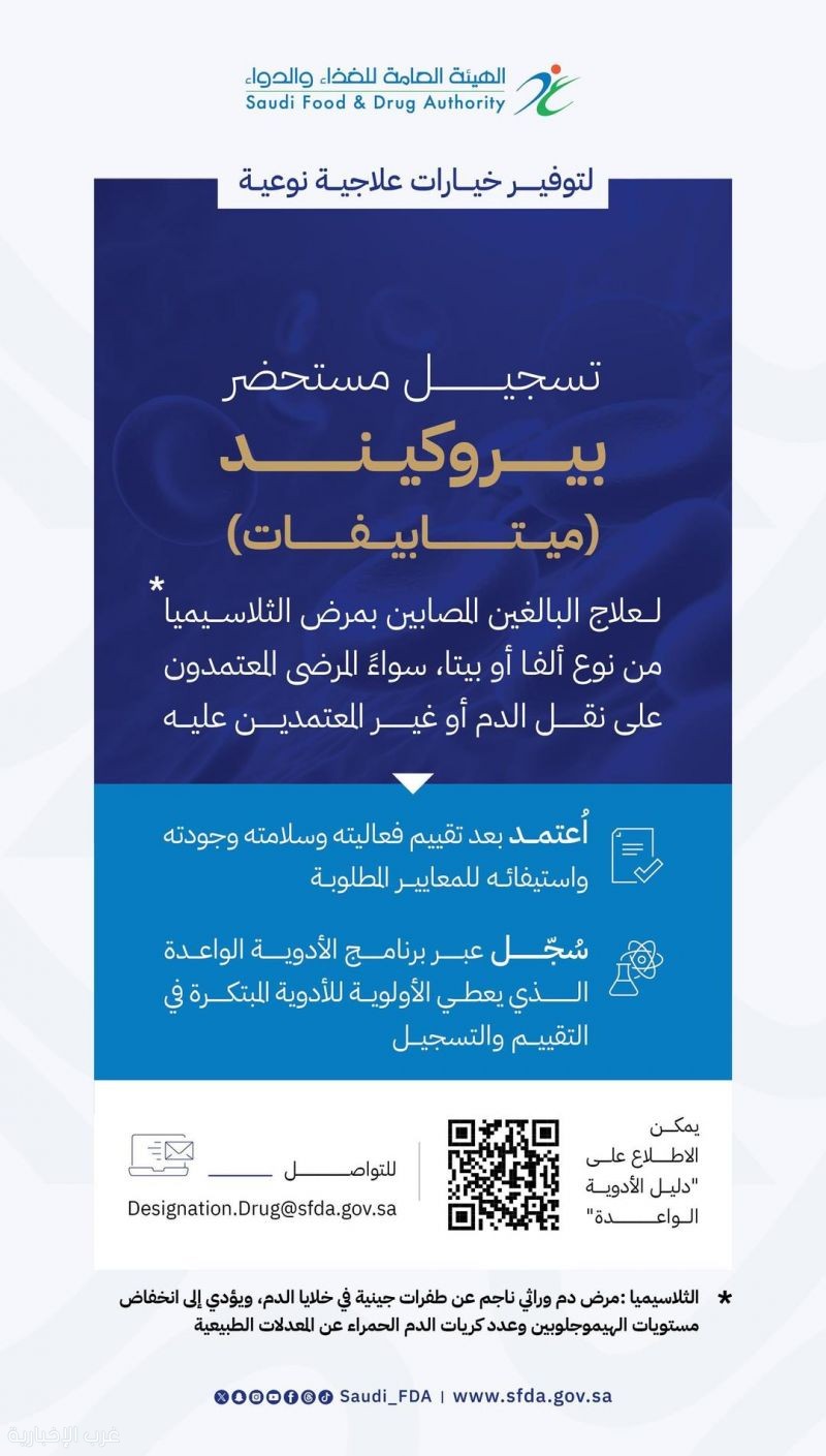 الغذاء والدواء" تعلن عن تسجيل مستحضر بيروكيند لعلاج مرض الثلاسيميا من نوع ألفا أو بيتا