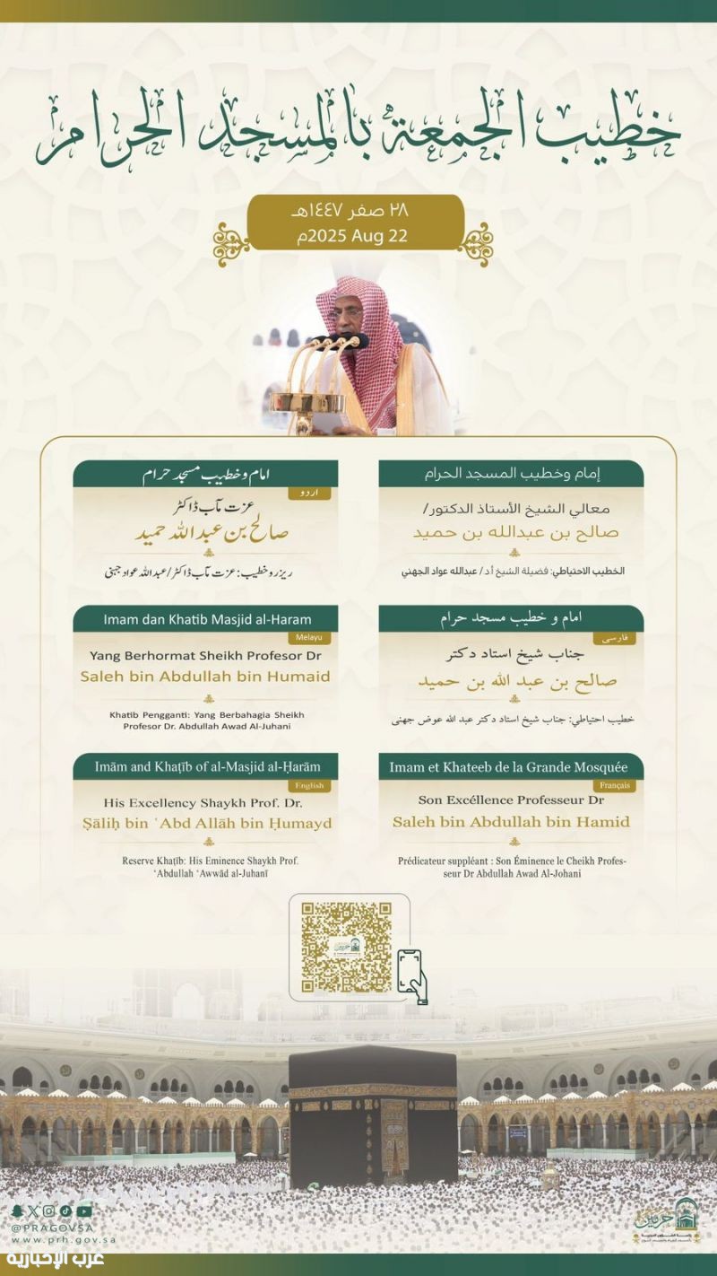 الدكتور : صالح بن حميد والحذيفي  خطيبا الجمعة  في الحرمين الشريفين