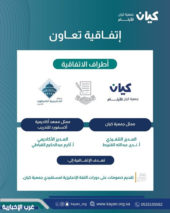 جمعية "كيان" للأيتام ومعهد "أكاديمية أكسفورد" للتدريب يوقعان اتفاقية تعاون لدعم الطلاب الأيتام جمعية "كيان" للأيتام ومعهد "أكاديمية أكسفورد" للتدريب يوقعان اتفاقية تعاون لدعم الطلاب الأيتام