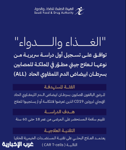 "الغذاء والدواء" تعتمد أول دراسة سريرية محلية لعلاج جيني مطوَّر في المملكة للمصابين بسرطان ابيضاض الدم اللمفاوي الحاد "الغذاء والدواء" تعتمد أول دراسة سريرية محلية لعلاج جيني مطوَّر في المملكة للمصابين بسرطان ابيضاض الدم اللمفاوي الحاد