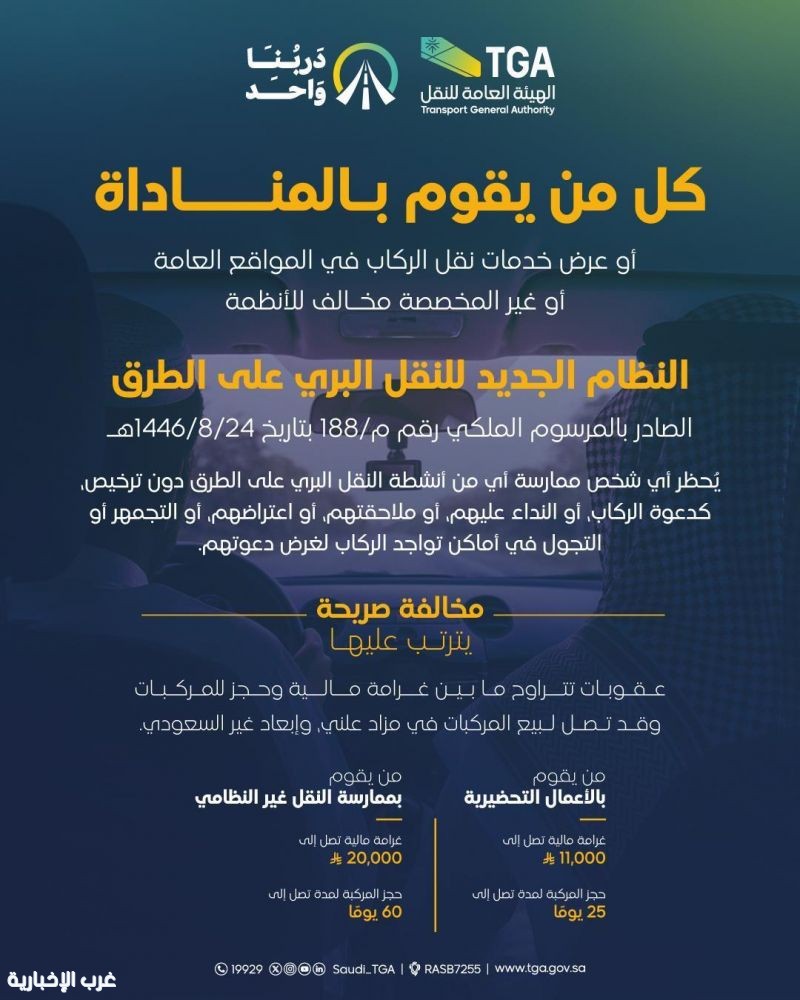 "النقل": غرامات تصل لـ20 ألف ريال وحجز المركبة 60 يوماً للمناداة في النقل البري "النقل": غرامات تصل لـ20 ألف ريال وحجز المركبة 60 يوماً للمناداة في النقل البري
