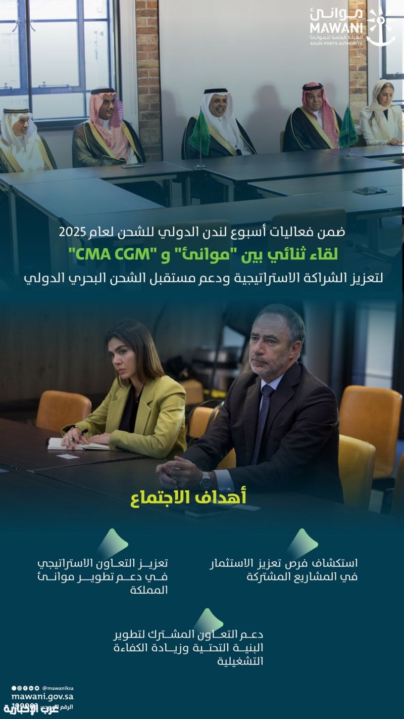موانئ تبحث مع «CMA CGM» تعزيز الاستثمار وتطوير الشراكة الاستراتيجية ضمن أسبوع لندن الدولي للشحن
