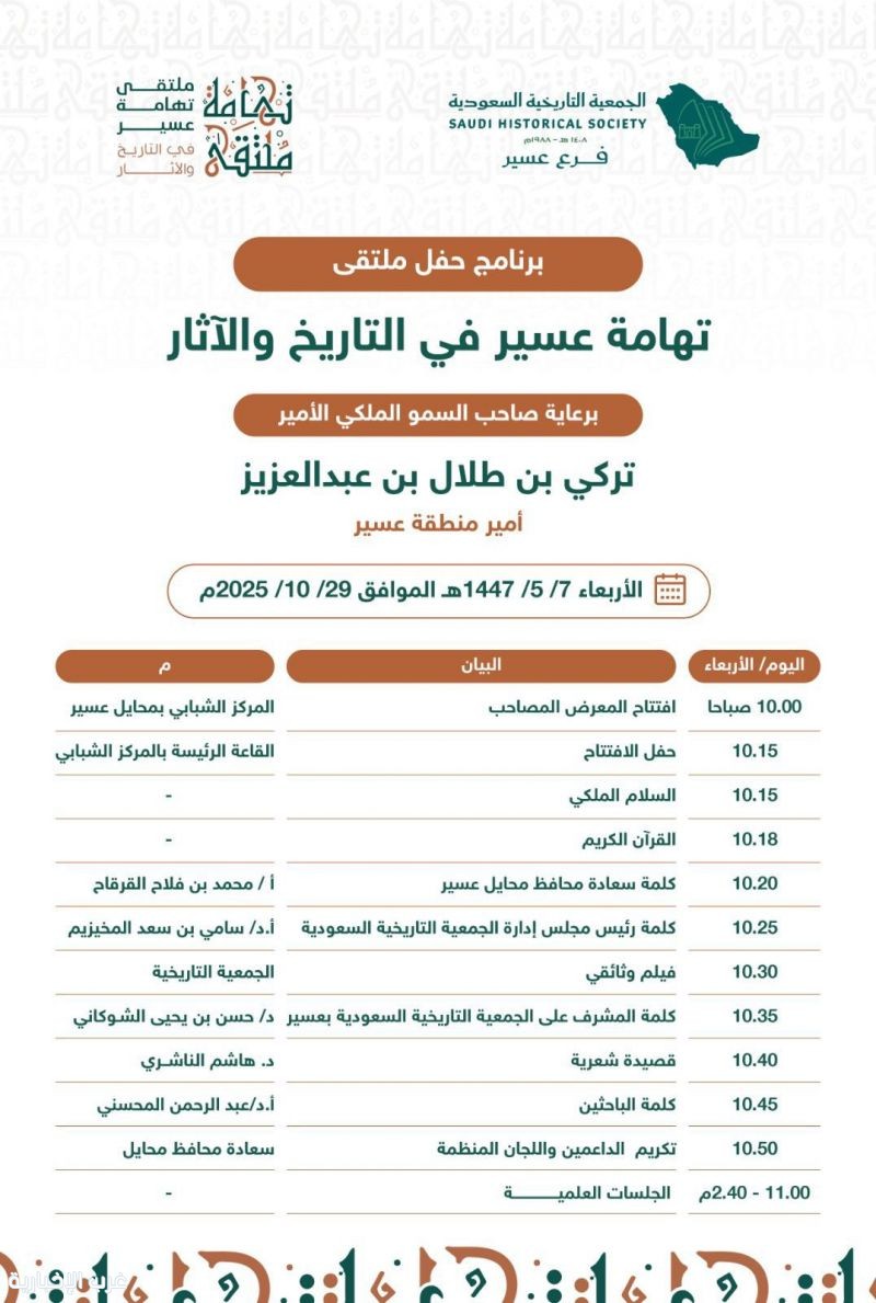 برعاية أمير عسير.. انطلاق الملتقى العلمي الخامس للجمعية التاريخية بعنوان (تهامة عسير في التاريخ والآثار) برعاية أمير عسير.. انطلاق الملتقى العلمي الخامس للجمعية التاريخية بعنوان (تهامة عسير في التاريخ والآثار)