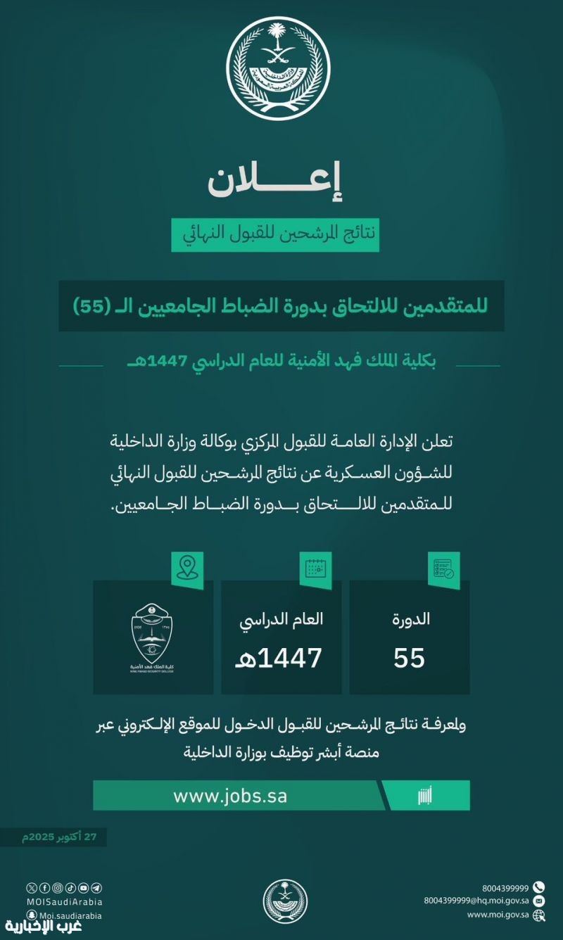 إعلان نتائج القبول النهائي للمتقدمين لدورة الضباط الجامعيين الـ (55)