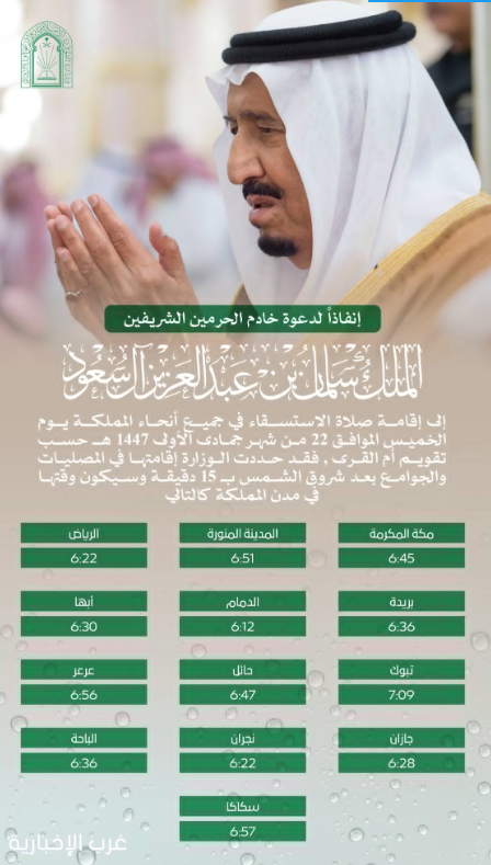 أوقات إقامة صلاة الاستسقاء بمدن  المملكة يوم الخميس 22 / 5 / 1447هـ،