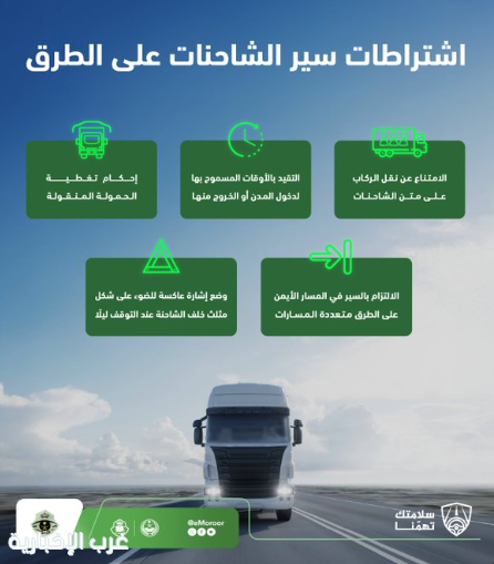 المرور: 5 اشتراطات لسير الشاحنات على الطرق المرور: 5 اشتراطات لسير الشاحنات على الطرق