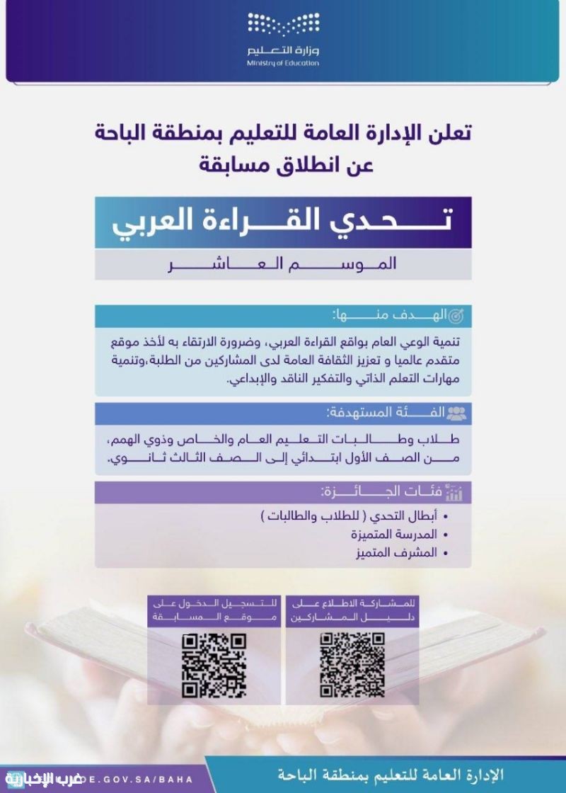 تعليم الباحة يشجع الطلاب على الانضمام إلى مسابقة 'تحدي القراءة العربي تعليم الباحة يشجع الطلاب على الانضمام إلى مسابقة 'تحدي القراءة العربي