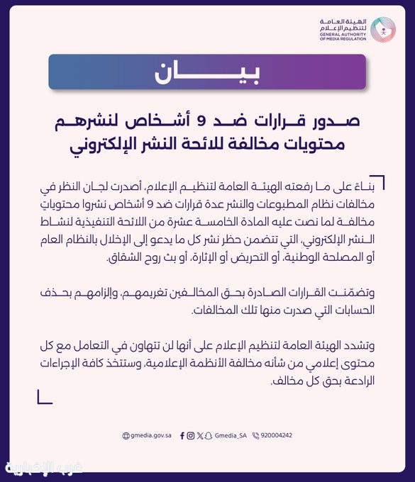 تغريم 9 أشخاص وحذف حساباتهم بعد نشرهم مواد تحرض على الإخلال بالنظام العام تغريم 9 أشخاص وحذف حساباتهم بعد نشرهم مواد تحرض على الإخلال بالنظام العام