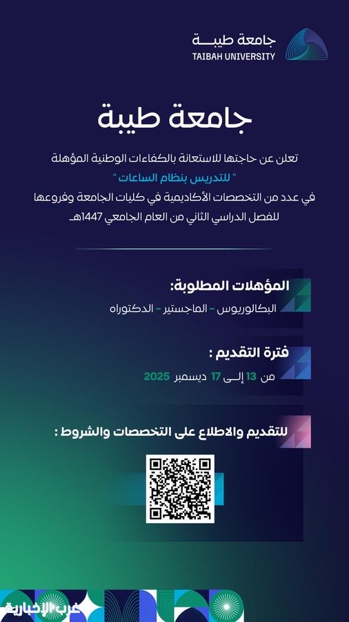 جامعة طيبة تُعلن إتاحة فرص تعاون للكفاءات الوطنية للتدريس بنظام الساعات جامعة طيبة تُعلن إتاحة فرص تعاون للكفاءات الوطنية للتدريس بنظام الساعات