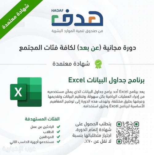 (هدف) يعلن عن دورة مجانية عن بعد مع شهادة معتمدة في برنامج جداول البيانات Excel (هدف) يعلن عن دورة مجانية عن بعد مع شهادة معتمدة في برنامج جداول البيانات Excel