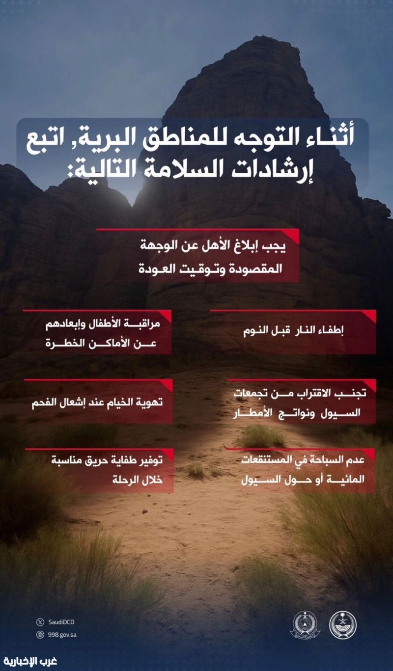 الدفاع المدني يدعو إلى اتباع إرشادات السلامة أثناء التنزه