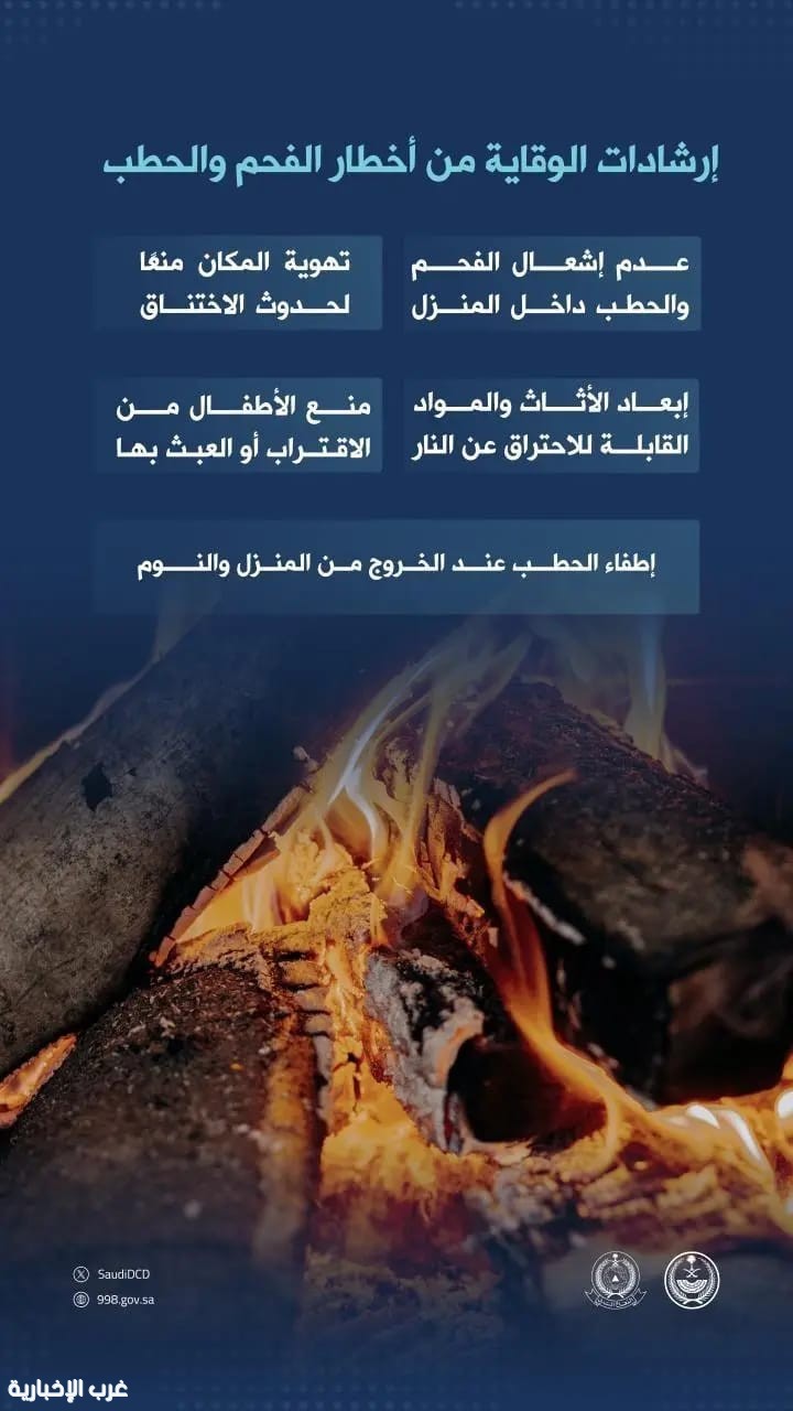 الدفاع المدني يدعو إلى التقيّد بإرشادات الوقاية من أخطار الفحم والحطب