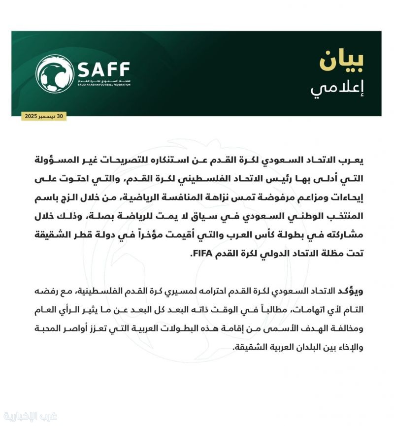 الاتحاد السعودي لكرة القدم يرفض تصريحات الرجوب ويستنكر الاتهامات