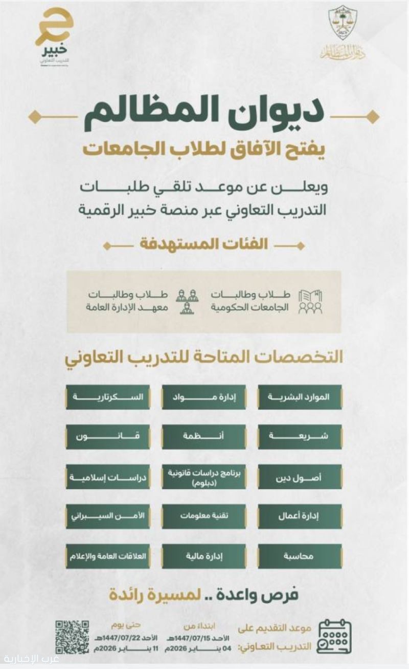 ديوان المظالم يعلن فتح التقديم على برنامج التدريب التعاوني لطلاب الجامعات والمعاهد السعودية ديوان المظالم يعلن فتح التقديم على برنامج التدريب التعاوني لطلاب الجامعات والمعاهد السعودية