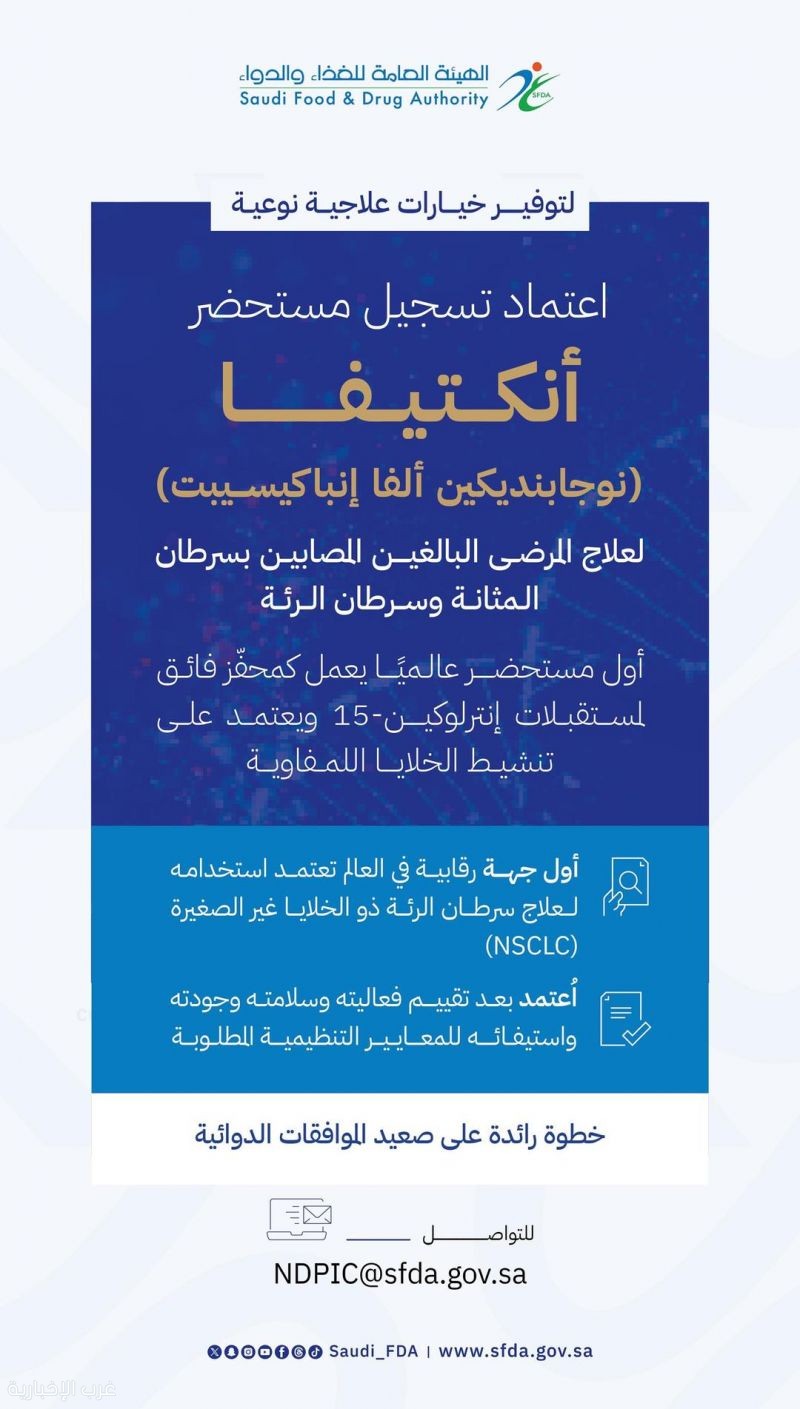 "الغذاء والدواء" تعتمد تسجيل مستحضر "أنكتيفا" لعلاج مرضى سرطان المثانة وسرطان الرئة