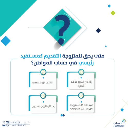 «حساب المواطن» يوضح حالات أحقية المتزوجة بالتقديم كمستفيد رئيسي «حساب المواطن» يوضح حالات أحقية المتزوجة بالتقديم كمستفيد رئيسي