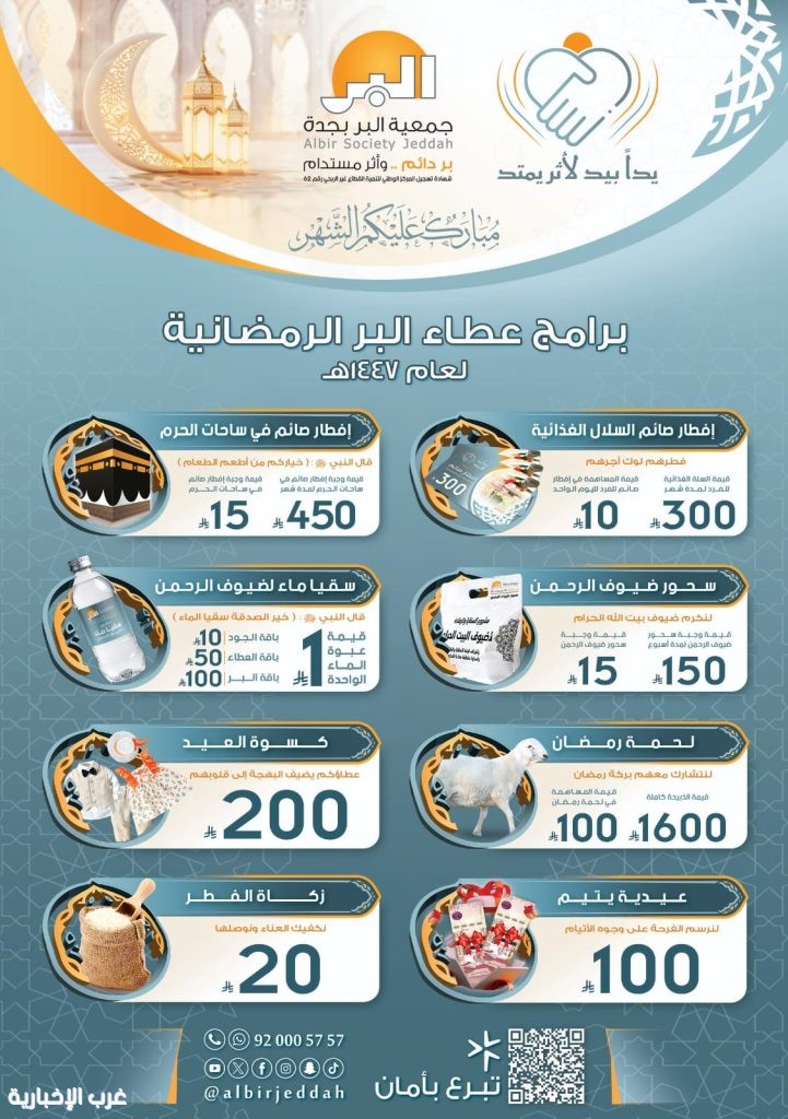 “بر جدة” تطلق برامج “عطاء البر” الرمضانية لإثراء خدماتها المجتمعية “بر جدة” تطلق برامج “عطاء البر” الرمضانية لإثراء خدماتها المجتمعية