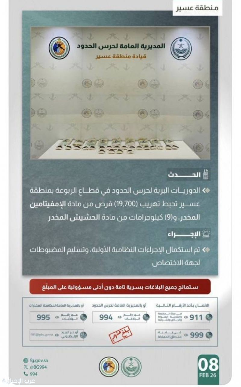 حرس الحدود بعسير يحبط تهريب آلاف الأقراص المخدرة وكيلوغرامات من الحشيش