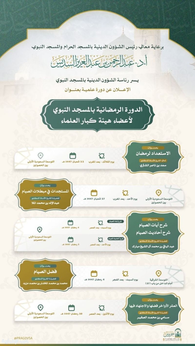 رئاسة الشؤون الدينية بالمسجد النبوي تعلن بدء الدورة الرمضانية لأعضاء هيئة كبار العلماء