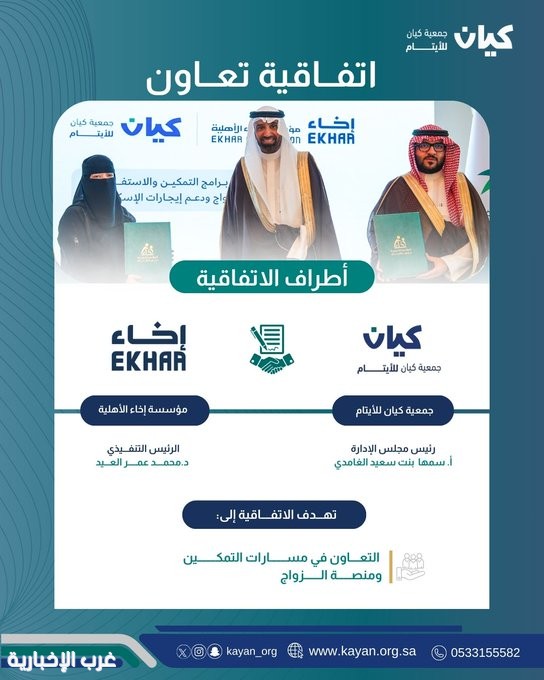 اتفاقية تكامل نوعية بين جمعية كيان للأيتام ومؤسسة إخاء لتعزيز تمكين الأيتام